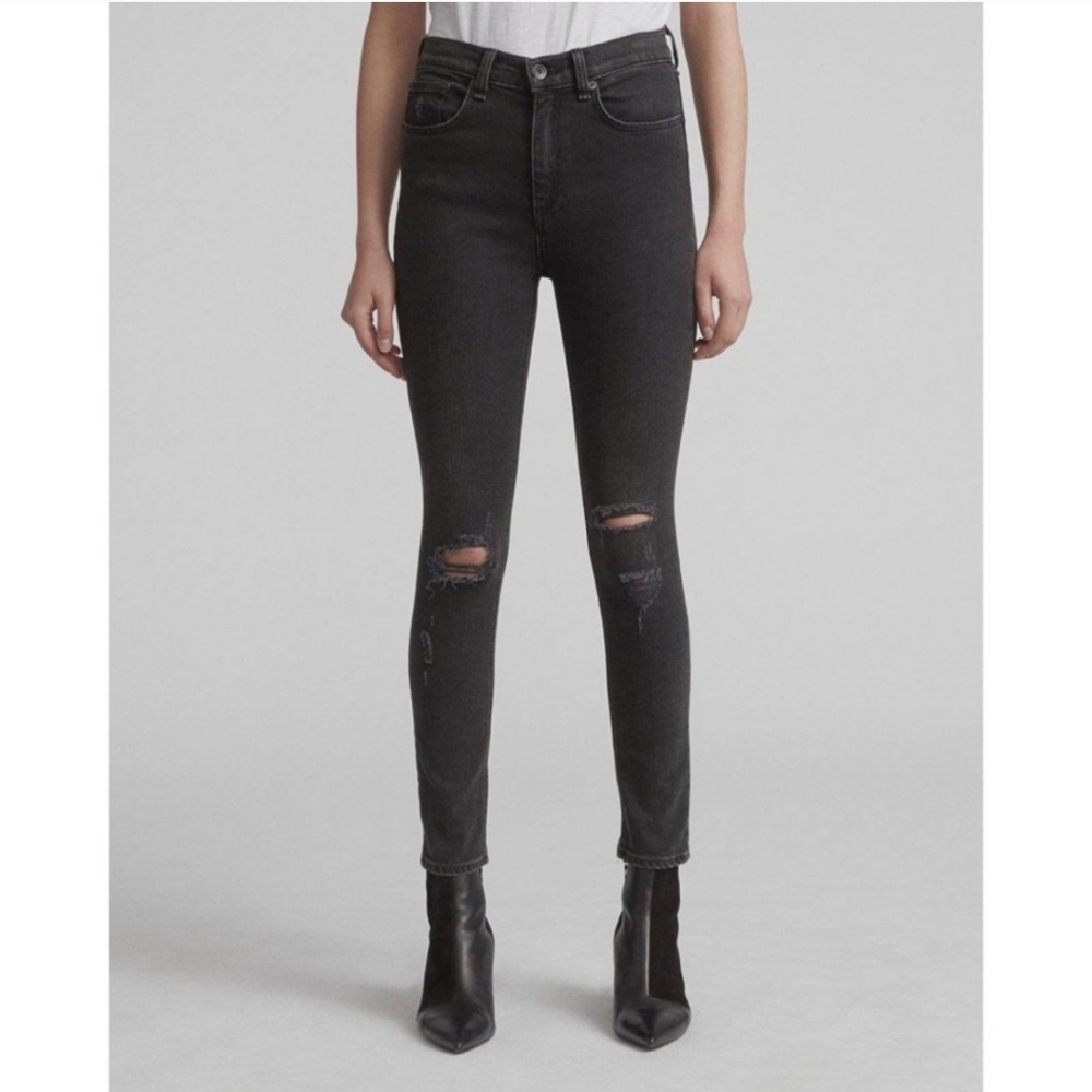 rag & bone Jeans High-rise Distressed Ankle Skinny Jeans With Holes, Black, 24